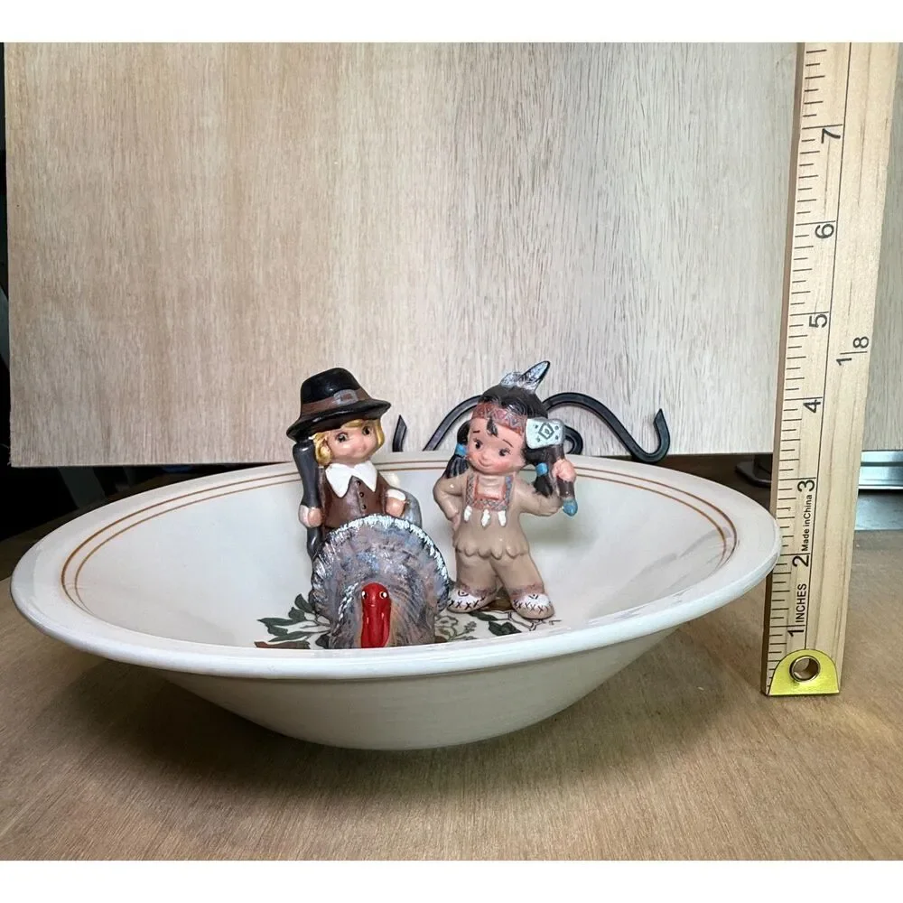Vintage Ceramic Thanksgiving Lot Floral Serving Bowl Pilgrim Native American